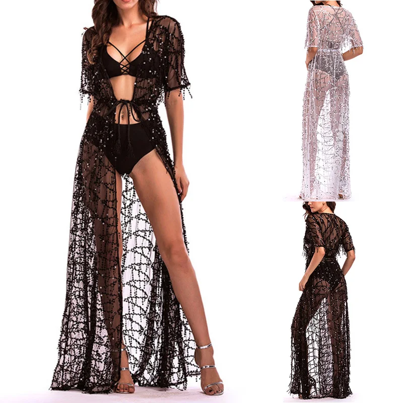 

Women Sequins Long Lace Lingerie Robe See Through Mesh Babydoll Nightgown Cover Up Nightdress Strap Closure 4 Sizes XIN-Shipping
