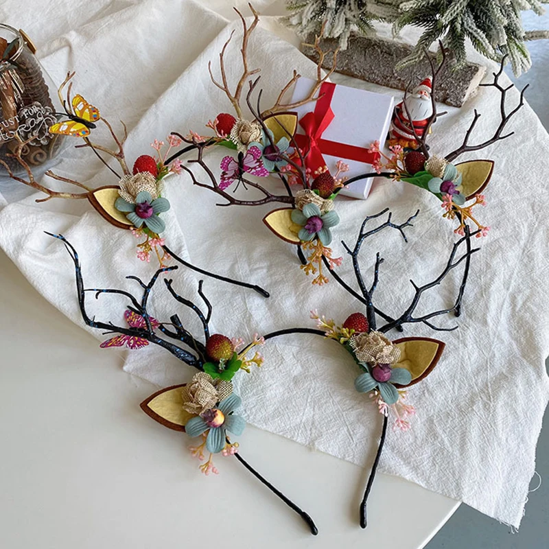 

Elk Antler Headband Forest Branch Deer Ear Christmas Party Headwear Hair Accessories Easter Stage Show Photo Prop For Kids Adult