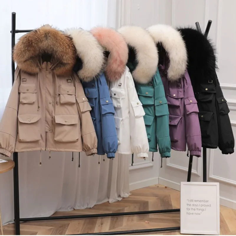 

2021 Natural Raccoon Fox Fur Hooded Winter Down Coat Women 90% White Duck Down Jacket Puffer Female Feather Parkas Pocket Khaki