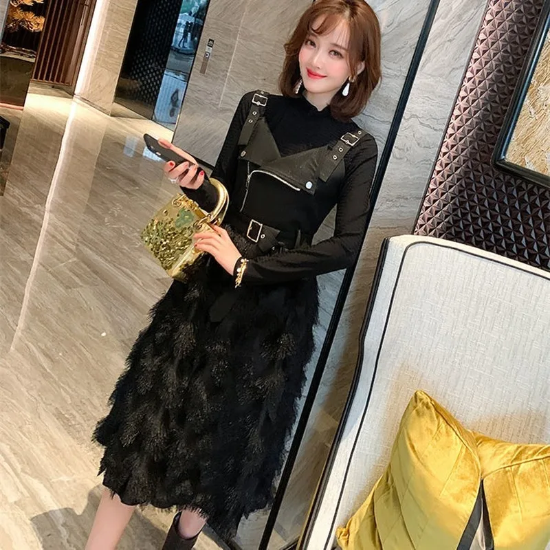 

Black Suspender Skirt Outfit Women's Elegant Women's Suspender Skirt Turtleneck Knit Low Waist Jersey Two-Piece Harujuku Dress
