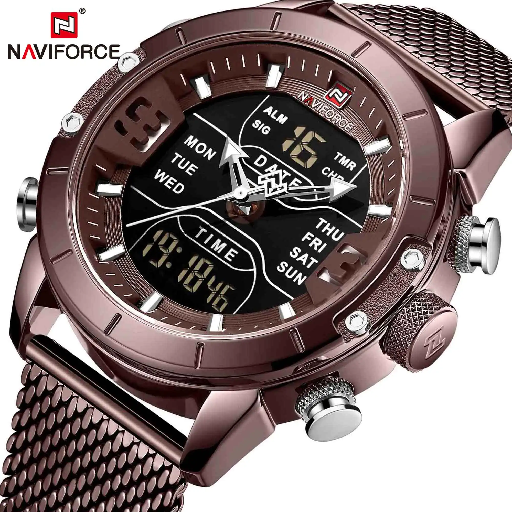 

NAVIFORCE Top Brand Wrist Watches Male Casual Sport Led Digital Dual Time Alarm Waterproof Steel Strap Watches Relogio Masculino
