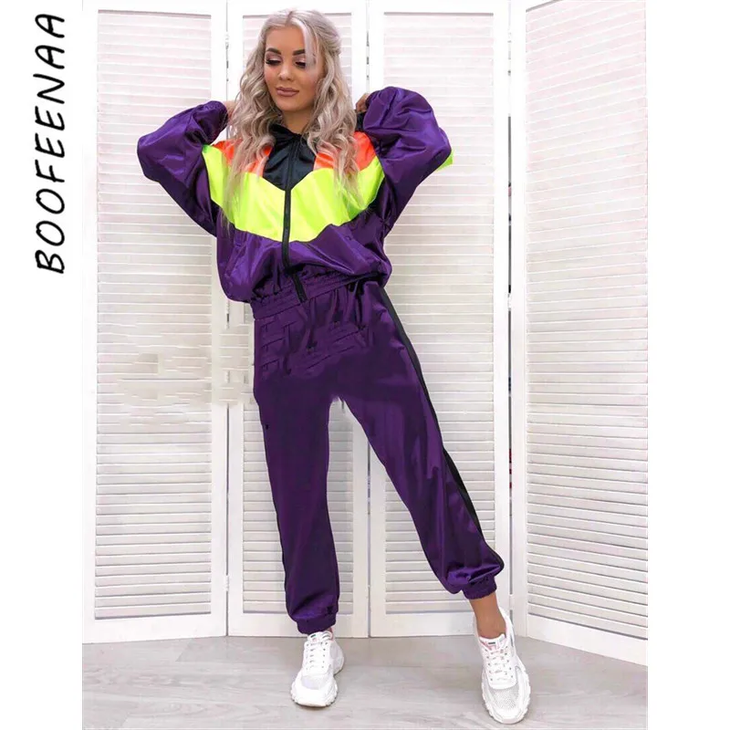BOOFEENAA атласные спортивные костюмы женский костюм из двух предметов Топ и штаны осенне-зимняя одежда Комплекты для бега C0-AF42