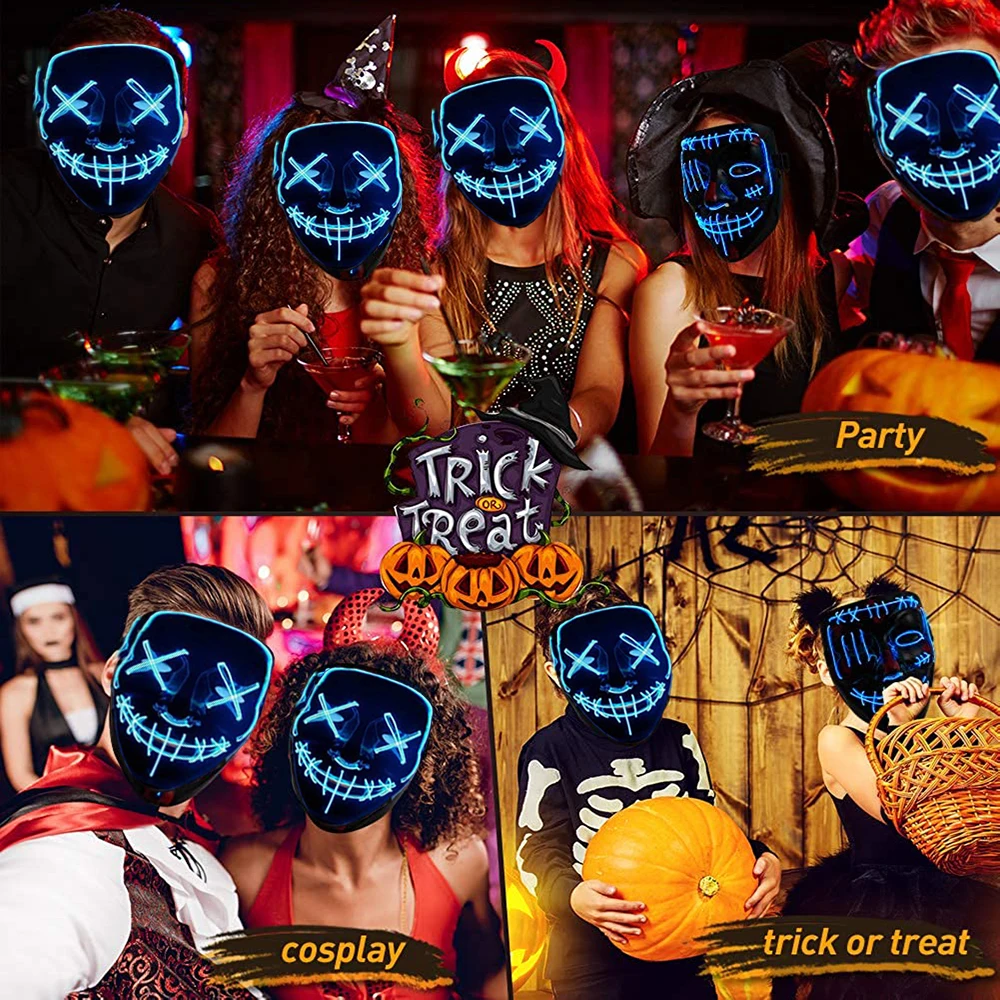 Светодиодная неоновая маскарадная маска для Хэллоуина светится в темноте ужаса