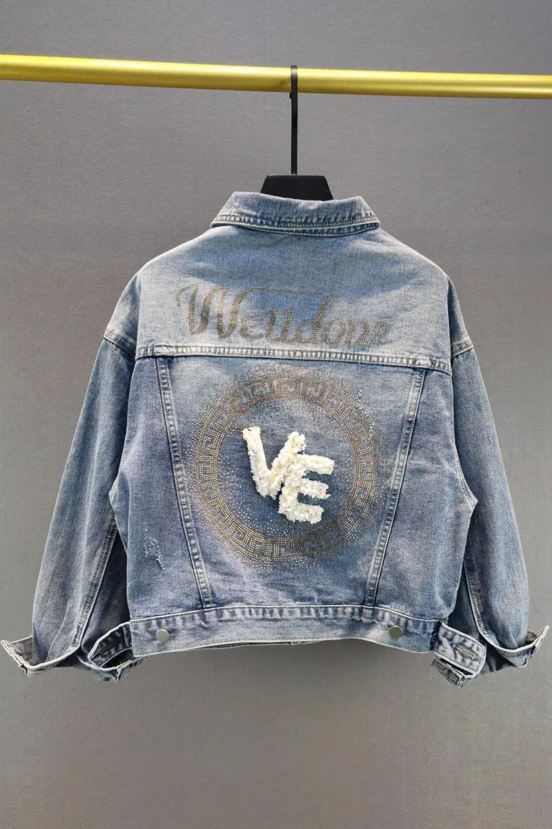 

Ladies Basic Outwear Rhinestone and Embroidery Loose Patchwork Harajuku Vintage Denim Jacket Women Clothing Spring