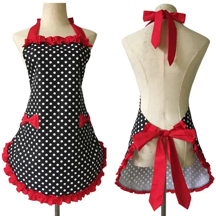 Cute Apron Polka Dot Cooking Kitchen Aprons For Woman Working Adjustable Cotton Aprons With lovely Bowknot with Pockets