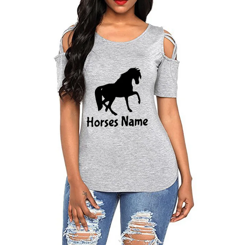 

Fashion Bandage Off Shoulder T-Shirt For Women Horse Letters Printing Harajuku Off The Shoulder Large Size Summer Top Tee