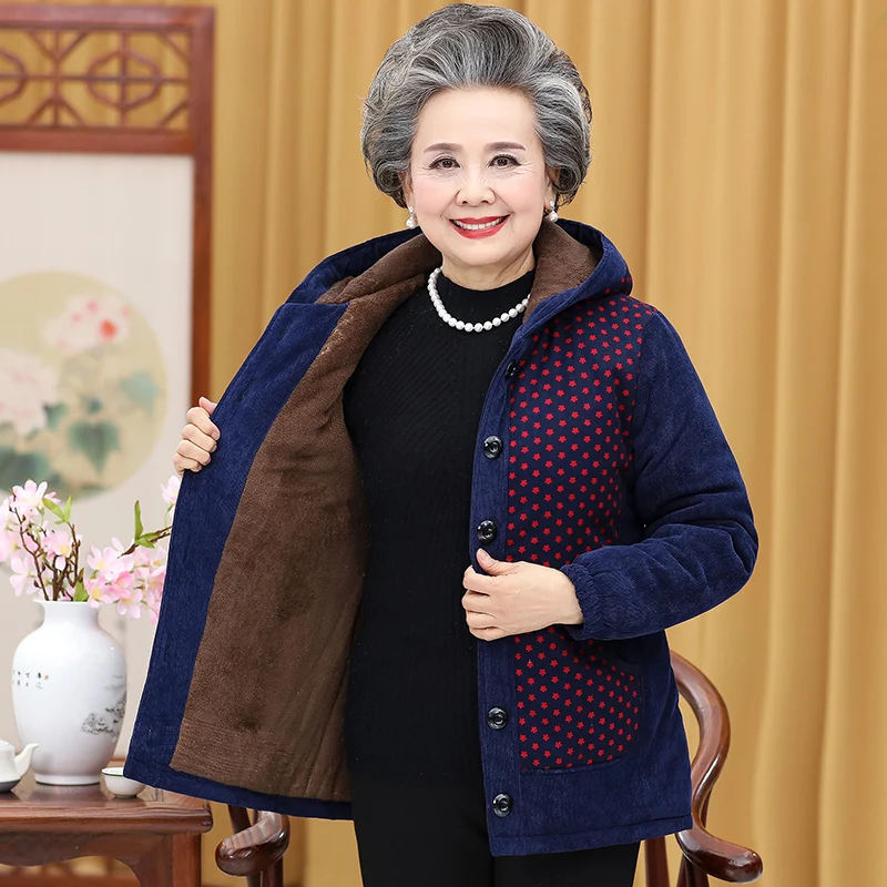 Кашемировое хлопковое пальто для пожилых женщин зимняя куртка с капюшоном