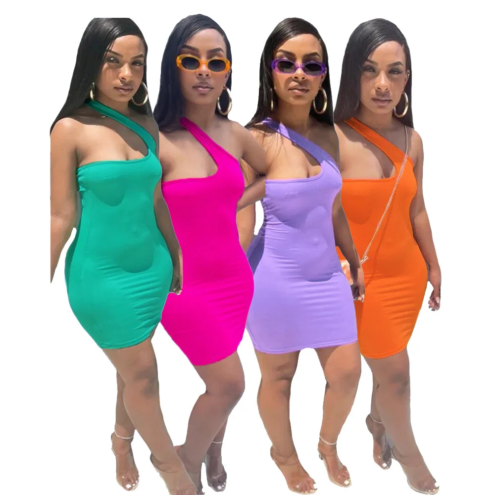 Causal Women Dress One Shoulder Hollow Out Solid Color Mini Dress Streetwear Summer Clothes For Women Outfit dress bow hair bands ins solid color one shoulder sleeveless ruffle edge women s dress suspender dress family grl clothes