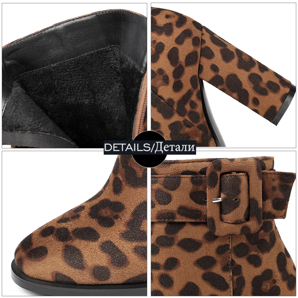 

WETKISS Leopard Ankle Boots Woman Round Toe Block High Heel Short Booties Buckle Strap Ladies Winter Boot Spike Heel Shoes Women