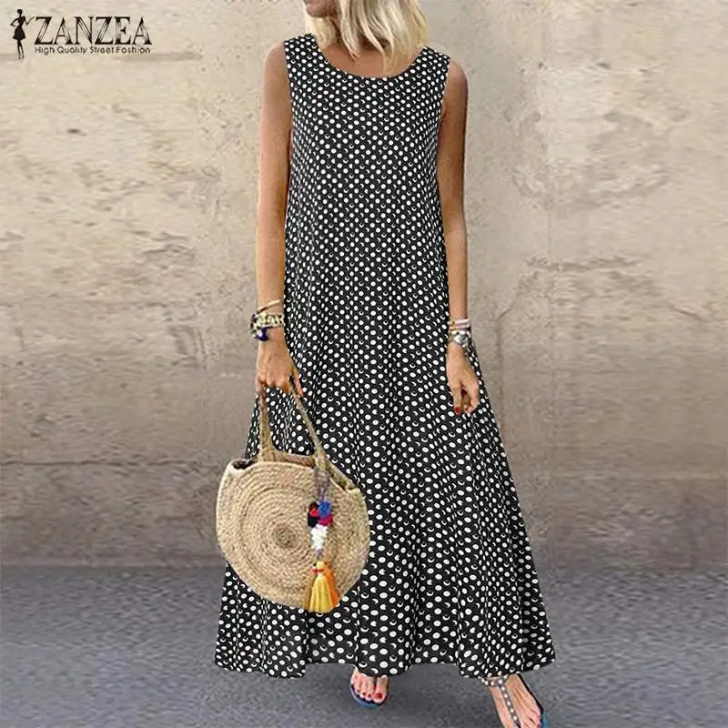 Bohemian Polka Dot Maxi Dress Women's Sundress 2019 ZANZEA Casual Sleeveless Tank Vestidos Female O Neck Party Robe | Женская одежда