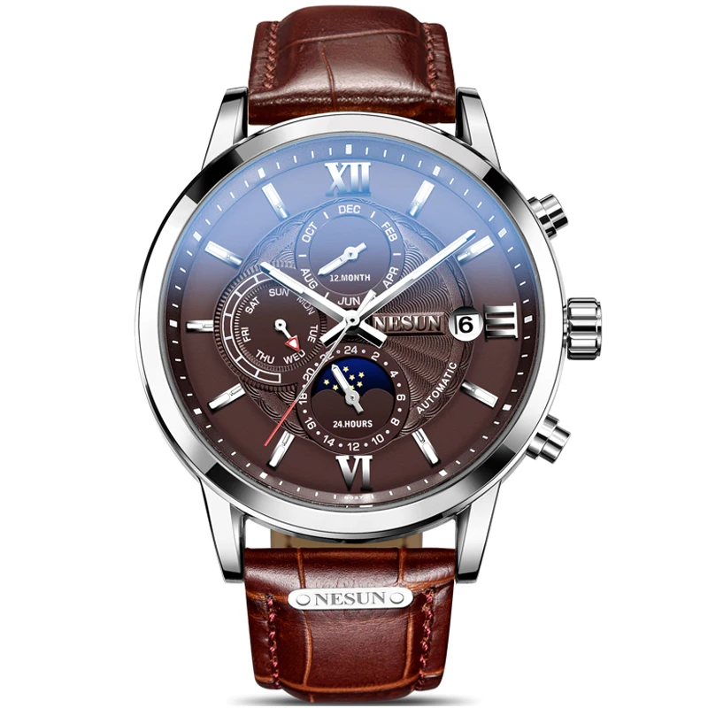 NESUN Official Men Fashion Casual Mechanical Business Automatic Wristwatches MultiFunction Moon Phase Male Chronograph MN9027