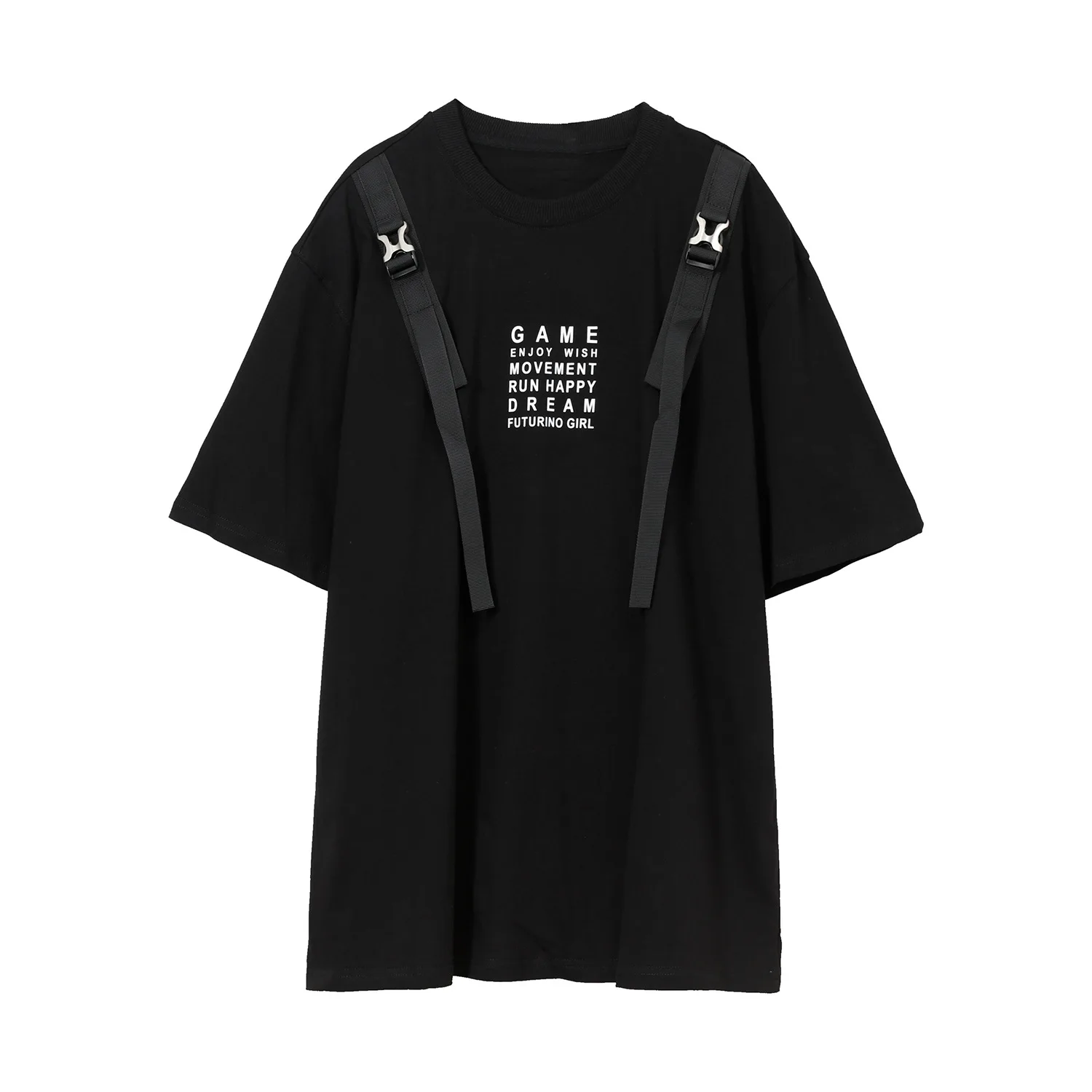 

Net Celebrities Men's Shoulder Ribbons Loose Casual Streetwear Hip Hop Short Sleeve T-shirt Young Male Fashion Tops Tees Shirts