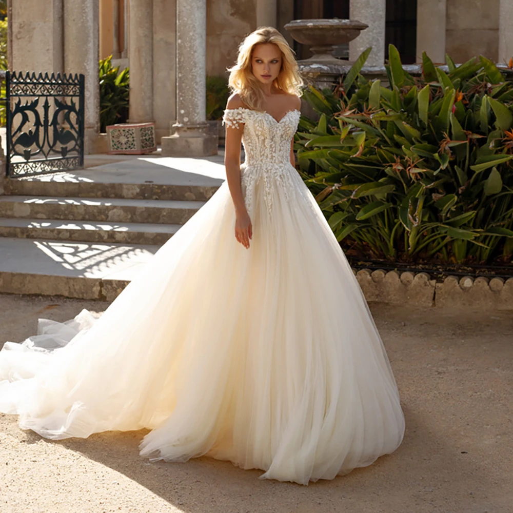 

2021 Tulle Simple Wedding Dress For Bride Sleeveless Long Train Elegant Bridal Gown Off Shoulder With Applique Robe De Mariage