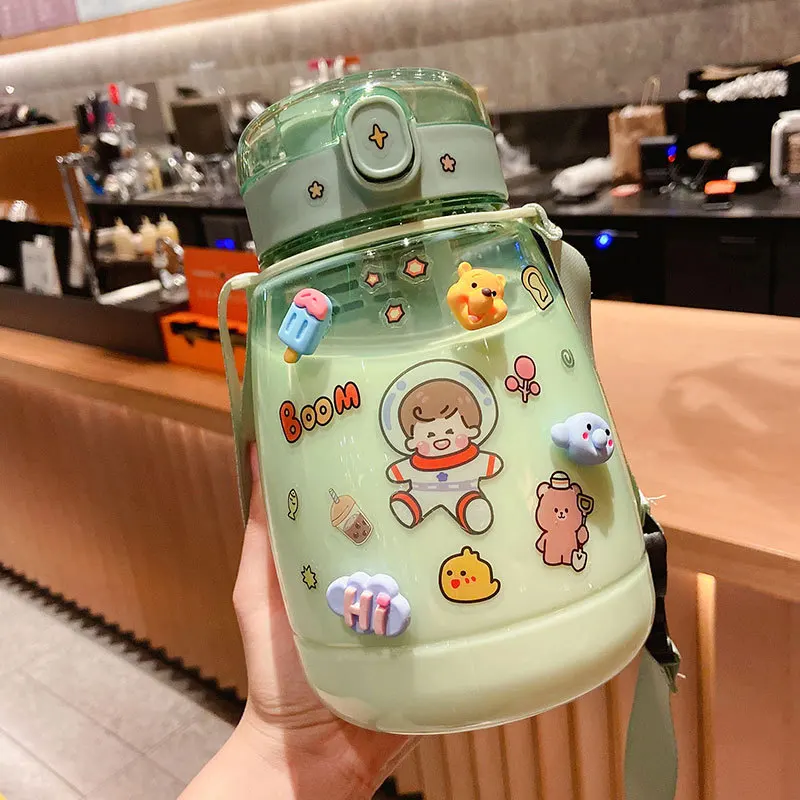 

Big Belly Water Bottle with Straw 3D Stickers Shaker Bottle for Female Girls Summer Cute Straw Cup Anti-Fall Water Bottle