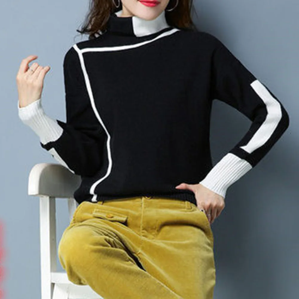 

Patchwork Standard Women's Sweater Pullover Jumper Casual Semple Female Basic Long Sleeve Knitted Top Ladies Fashion 2021