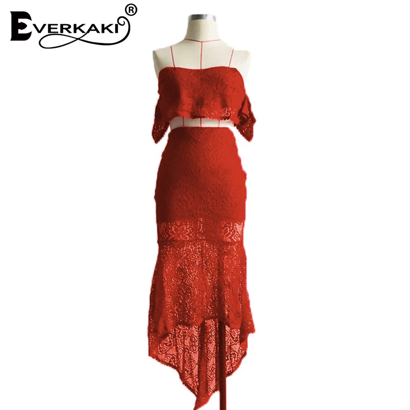 

Everkaki Lace 2 Pieces Suits Sets Summer Elegant Lady Party Off Shoulder Top and Long Skirt Suits Sets Boho Chic Female 2020 New