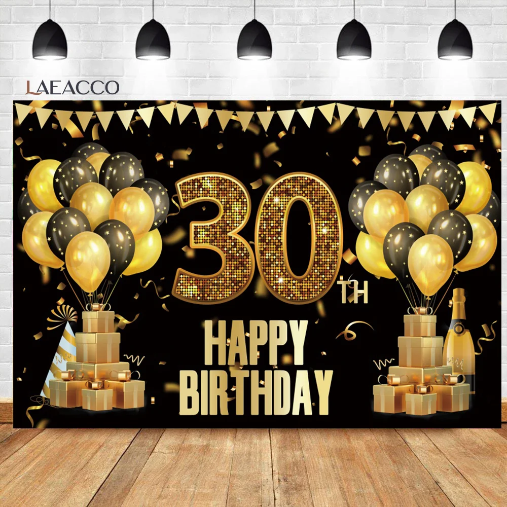 

Laeacco Happy 30 40 50 th Birthday Photocall Backgrounds Golden Balloons Glitters Party Banner Customized Photography Backdrops