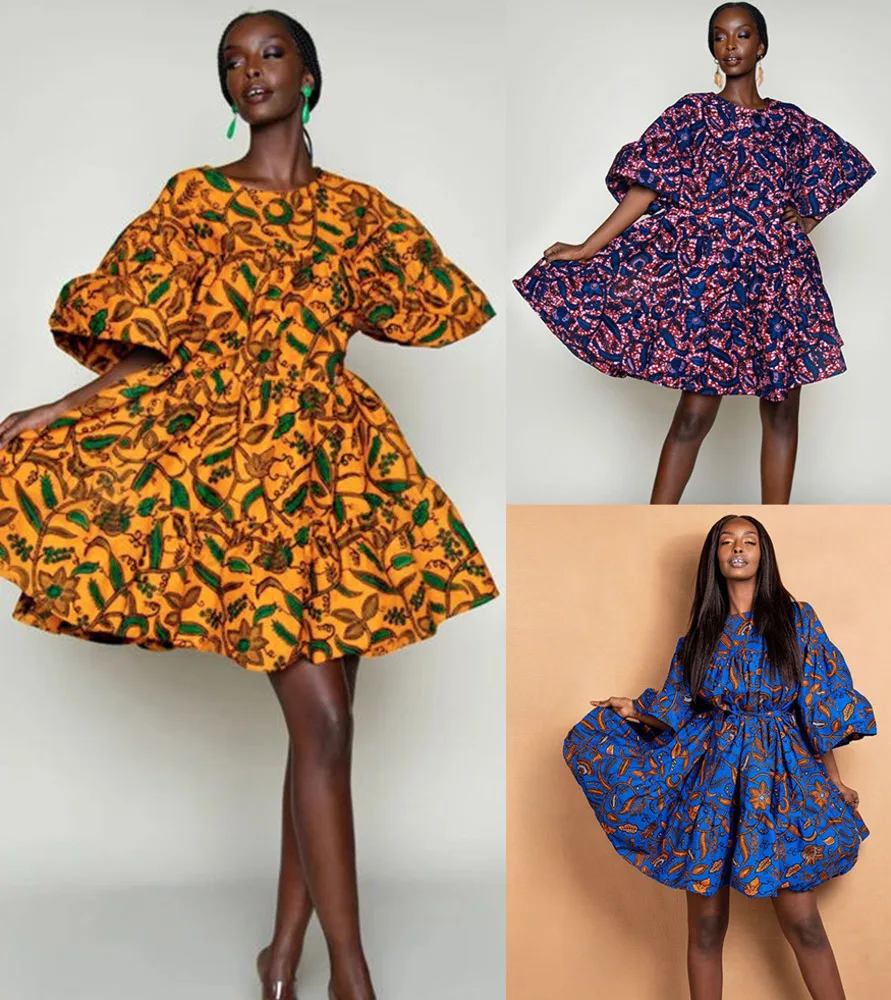 

Digital printing Indonesia fashion loose trumpet sleeve with belt dress medium sleeve puffy skirt african dresses for