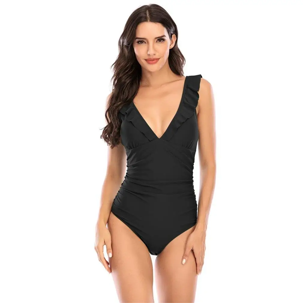 

Однотонный черный слитный купальник с оборками, Женский пикантный Монокини на шнуровке, купальник, новинка 2021, пляжные купальные костюмы дл...