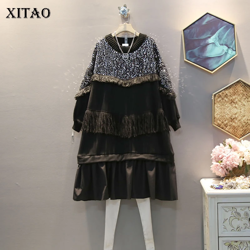 XITAO размера плюс лоскутное платье с кисточками и блестками женская одежда 2019