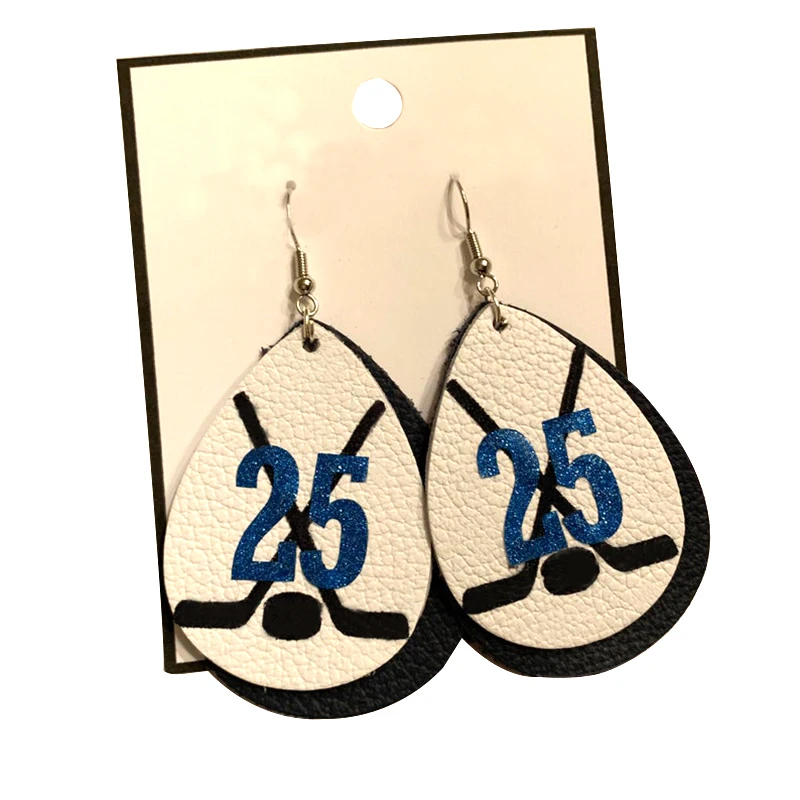 

2020 New Customize Glitter Hockey Jersey Number Faux Leather Earrings Layered Leather Chunky Teardrop Earrings
