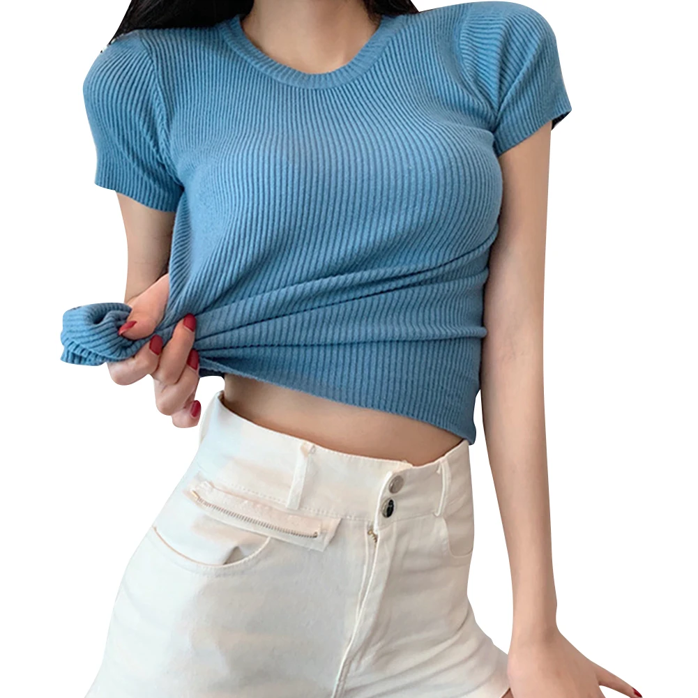 

High Quality Knitted T-Shirt Female Beautiful Fashionable Simple Style Pure Color Round-Shaped Collar Short Sleeve Women’ s Tee