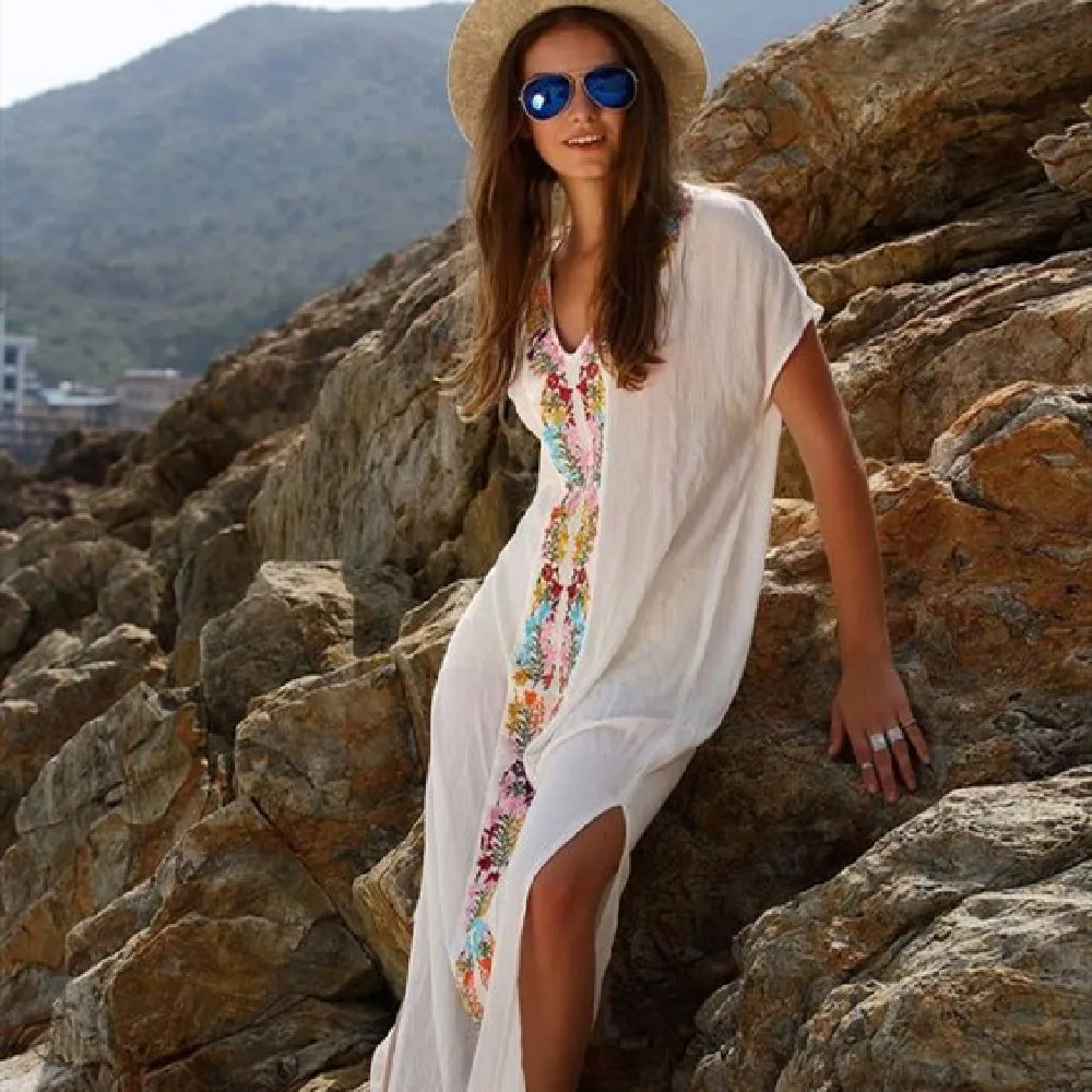 Новое поступление Пляжная накидка из вискозы с вышивкой Женский винтажный парео