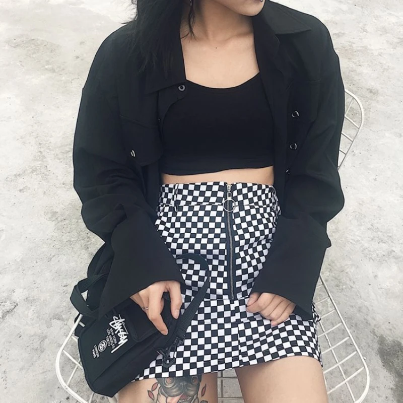 

Women Zipper Skirt High Waist Bodycon Short Mini Pencil Skirts Black White Plaid BX0A