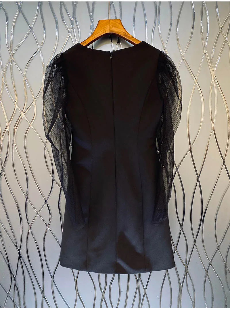 

High Quality Women's New Style Square Neck Sequin Tube Top Stitching Mesh Puff Sleeve Dress