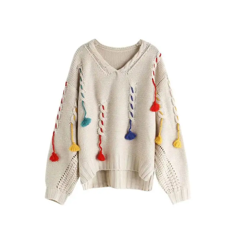 

Европейский Свободный пуловер с бахромой, свитер сезона осень-зима 2020, женские свитера, вязаный свитер с глубоким V-образным вырезом, джемпе...