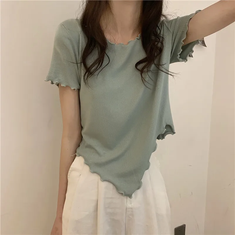 

Summer New Womens T Shirt Asymmetrical Solid Edible Tree Fungus Tops Female Short Sleeve O Neck Slim Thin Casual Tees T-Shirt