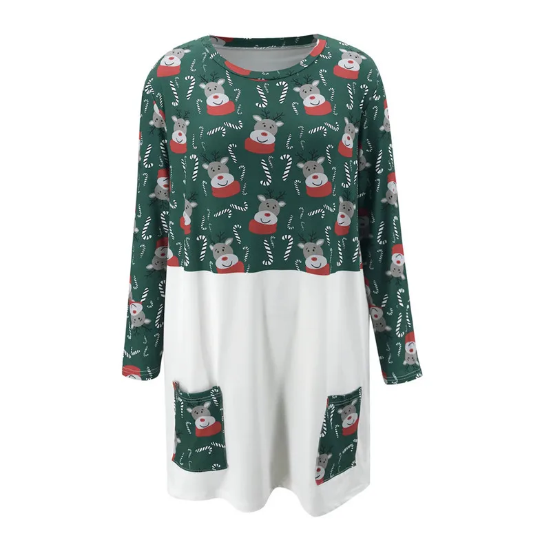 

Christmas Theme Dress for Women Patchwork Design Pockets Decor O-Neck Long Sleeve Deer Leeter Tree Print Casual Loose Mini Dress