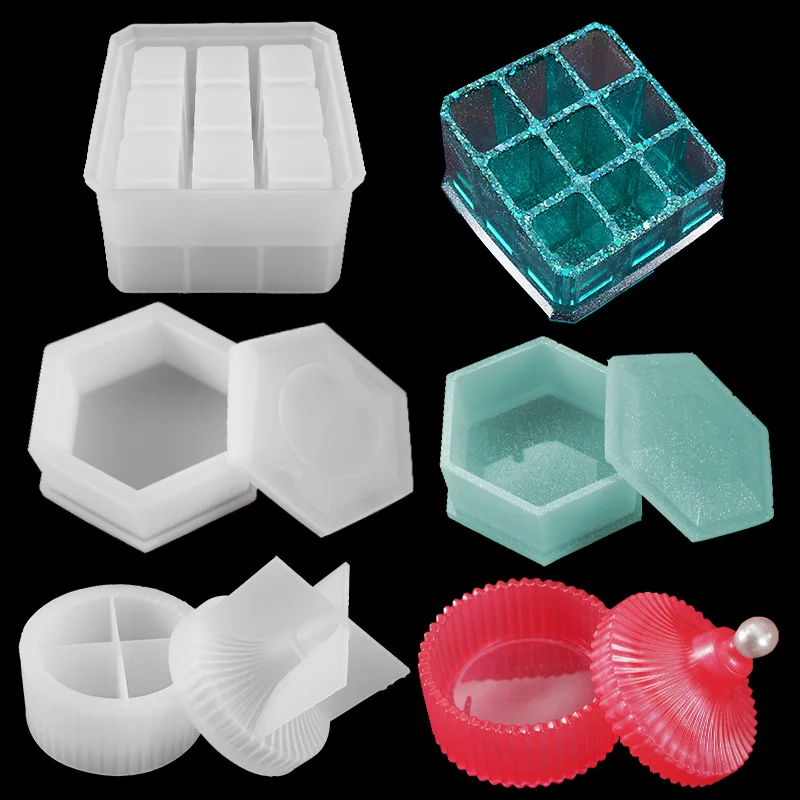 

DIY Crystal Epoxy Mold Jewelry Storage Mold Checkered Lipstick Storage Box Mould Table Top Silicone Mold Desktop Decoration