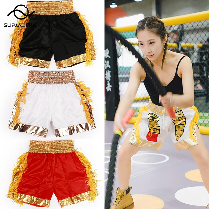 Boxing Shorts Women Men Kids Gold Tassels Muay Thai Shorts Custom Name/Logo Fitness Sanda MMA Competition Game Training Pants
