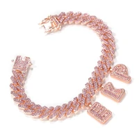 the bling king rose gold diy 12mm s link miami cuban necklace baguettecz letter pendant ankle jewelry pink stones your style