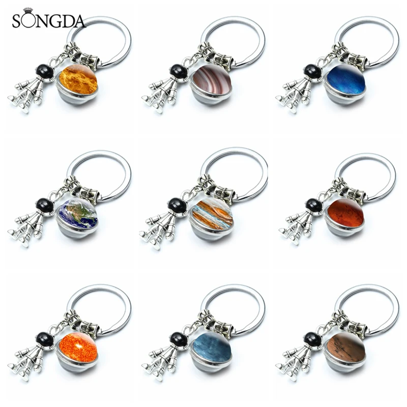 

Fashion Robot Spaceman Solar System Planet Keychain Moon Earth Sun Double Side Glass Ball Key Chain Universe Galaxy Pendant Gift