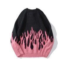 mens sweaters streetwear retro women pink flame knitted pullover sweater tops hip hop new pull over casual harajuku sweatshirts