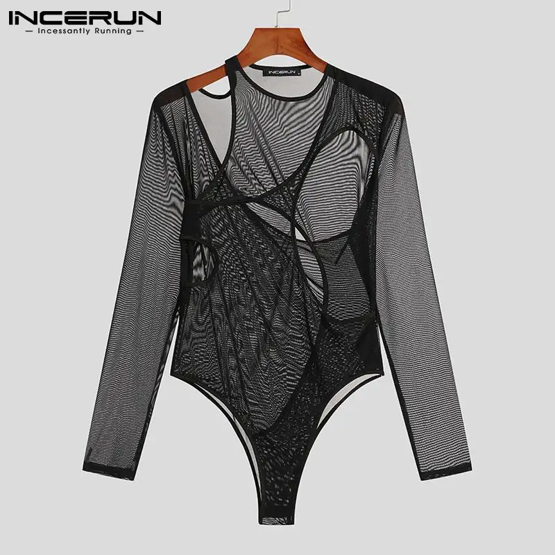 Comfortable Homewear New Men's Long Sleeve Triangle Rompers Sexy Leisure Breathable Mesh Patchwork Hot Sale Bodysuits S-5XL 2022