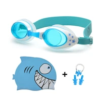 swim goggles caps ear plug protect anti fog glasses boy girl baby professional silicone shark pool hat