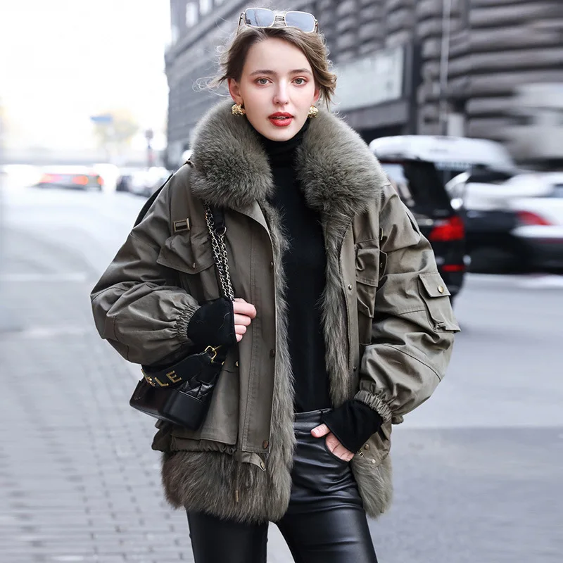 

2021Winter New Fashion One Three-Piece Detachable Raccoon Fur Collar Parkas Coat Women Can Wear Fox Fur and Knitted Sleeve Fur