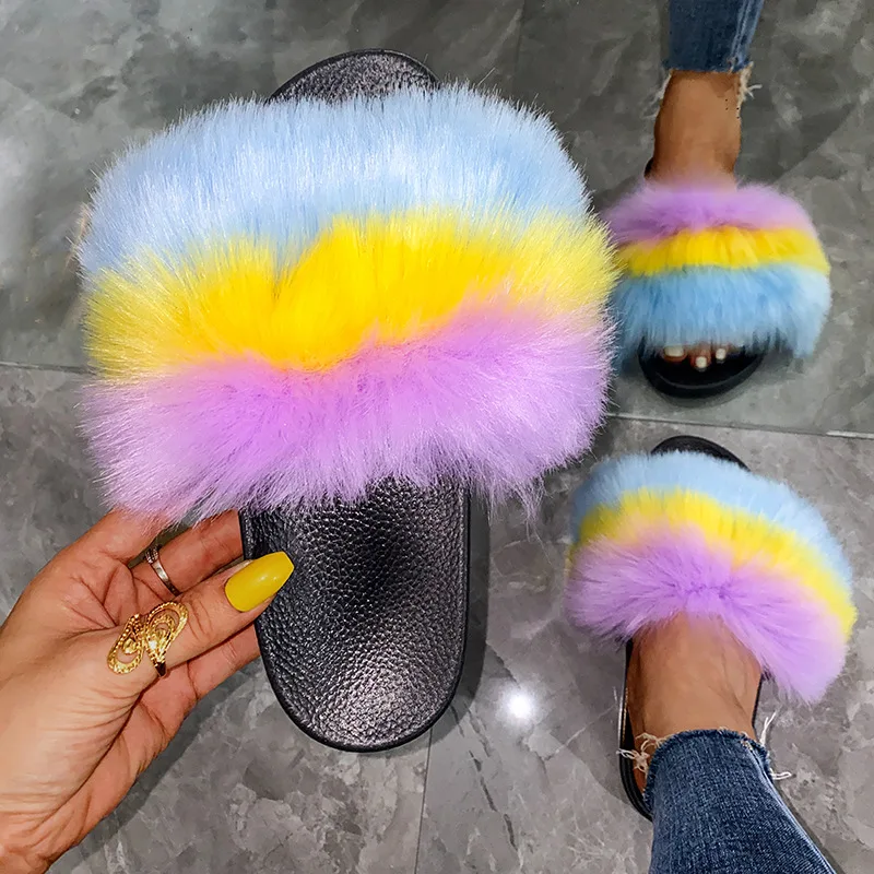 

Shoes Slippers Women Summer Low Pantofle Flock Slides Fur Flip Flops Fashion 2021 Flat Massage Plush Luxury Basic Rome Rubber