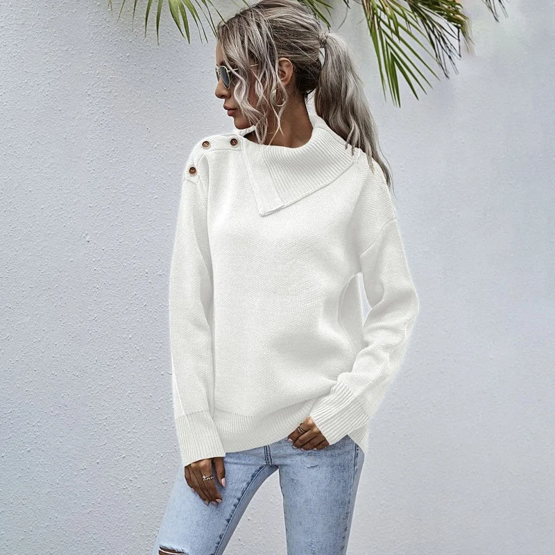 

Side Lapel Pullover Sweater 2021 Spring Autumn Winter Casual Shoulder Button Half Open Neck Sweater for Women Knitted Jumper