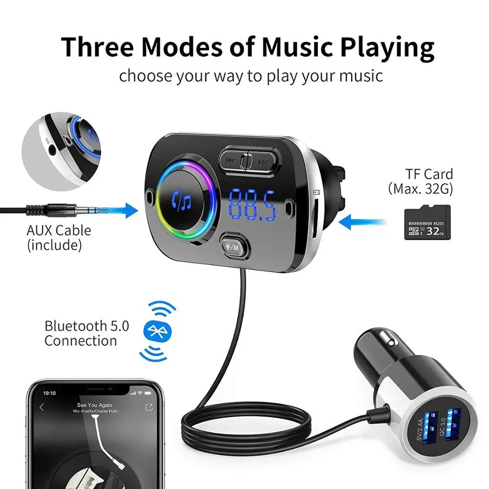Bluetooth 5,0 fm-передатчик QC3.0 автомобильное зарядное устройство адаптер MP3-плеер двойной USB светильник для быстрой зарядки автомобильный комплект с радио/TF картой/музыкой