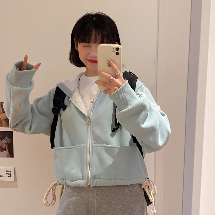 

5 Colors New Spring Preppy Women Sweatshirt Solid Color Hoodie Female Short Rabbit Wool Cloth Zip-up Sweatshirts Mujer