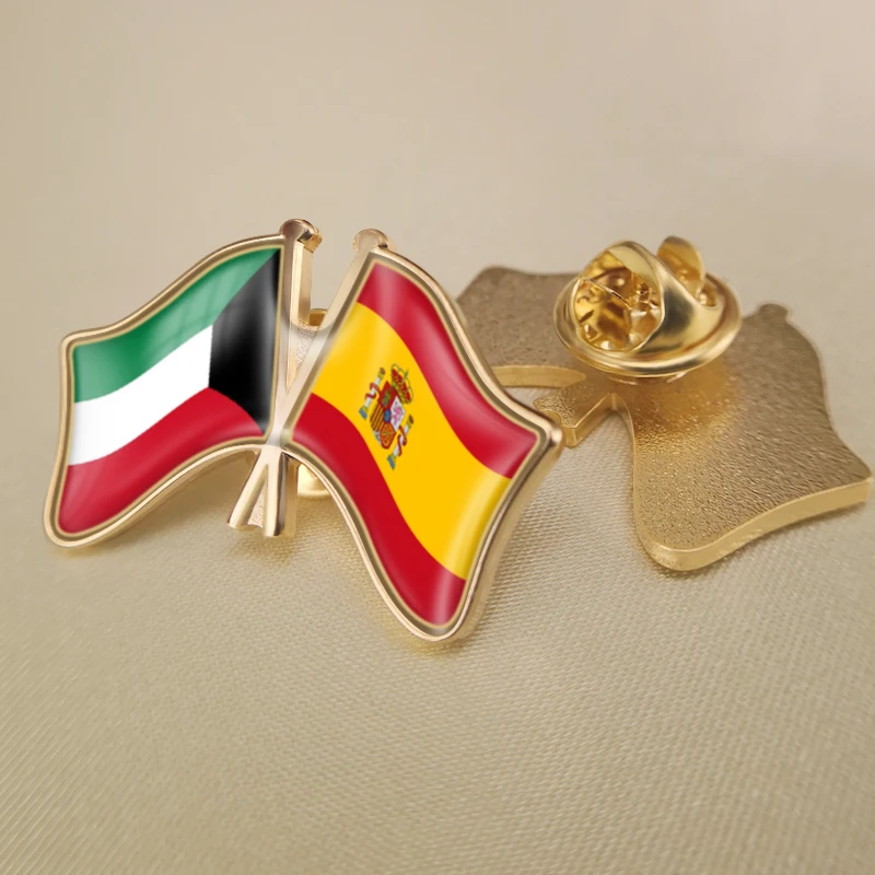 

Kuwait and Spain Crossed Double Friendship Flags Lapel Pins Brooch Badges