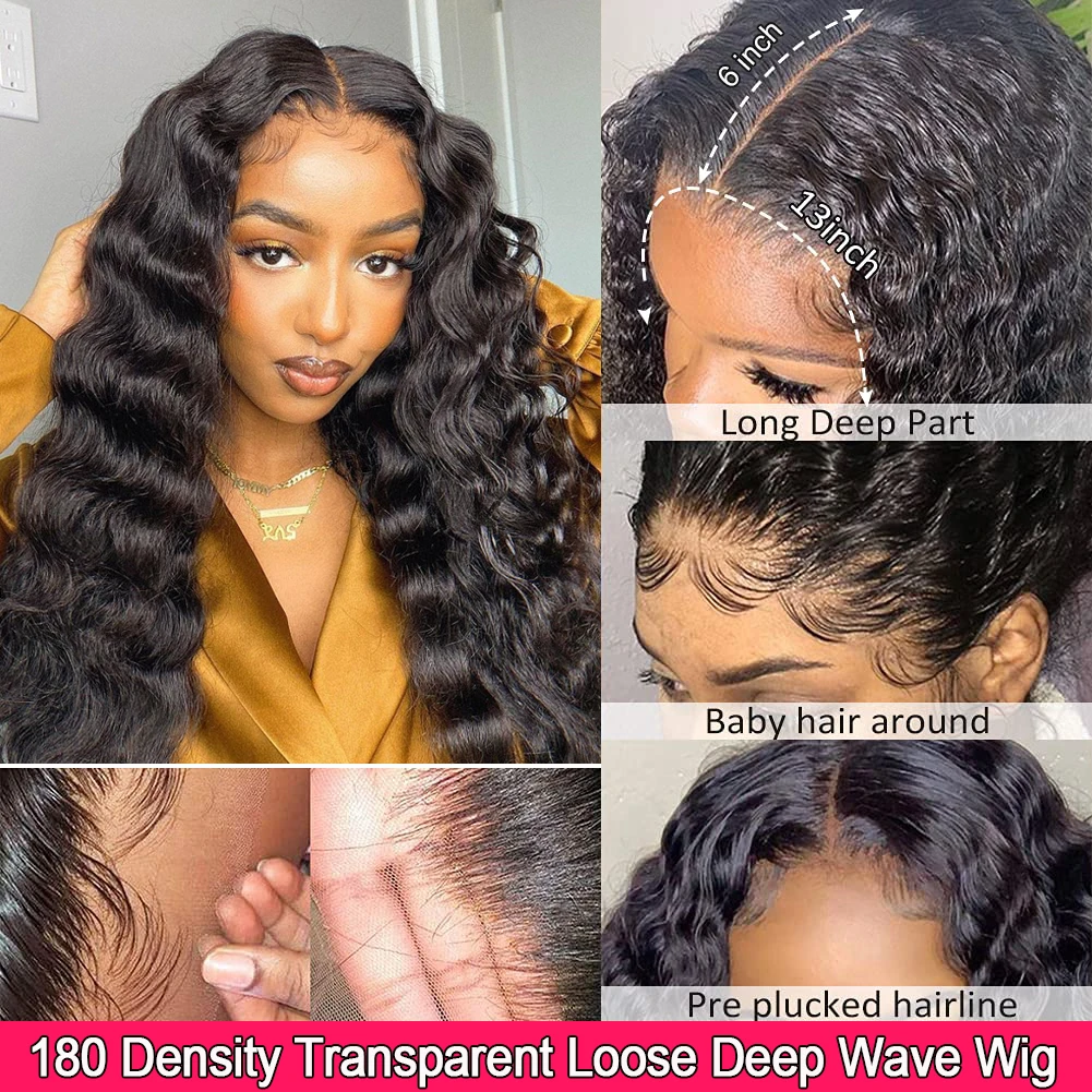 13x4 Loose Deep Wave Wig Transparent Frontal Wigs 4X4 Closure Wig Brazilian Hair 180 Density Lace Frontal Human Hair Wigs