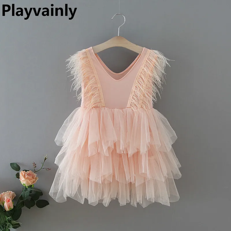 Vestidos de fiesta para ni&ntilde;as, novedad de 2021, cuello en V, pluma, tul esponjoso, pastel, vestidos de princesa para espect&aacute;culo de boda, ropa de beb&eacute; E1955-0
