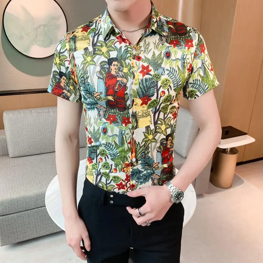 Мода 2020 Летняя мужская рубашка с цветочным принтом Корейская приталенная