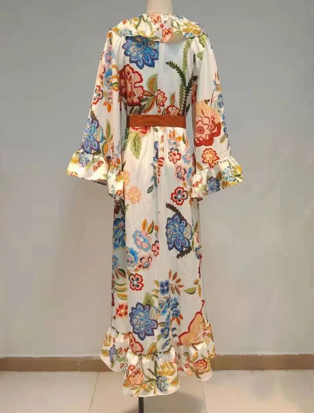 

[DEAT] 2021 V-neck Collar Ruffle With Belt High Waist Print Patchwork Mall Goth Y2k Colthes High Street Summer Dress GX182