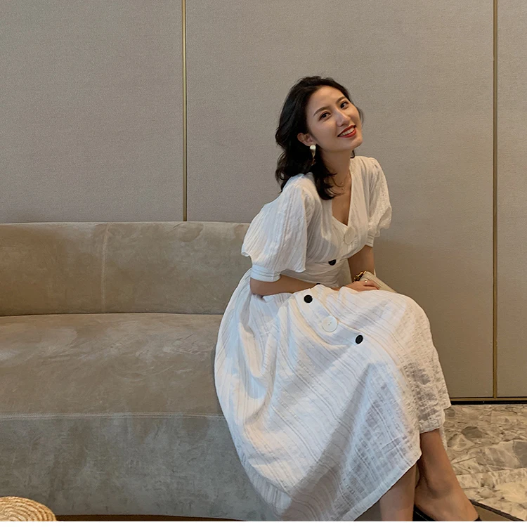 Элегантное Вечернее Платье во французском стиле белое платье в полоску с рукавом